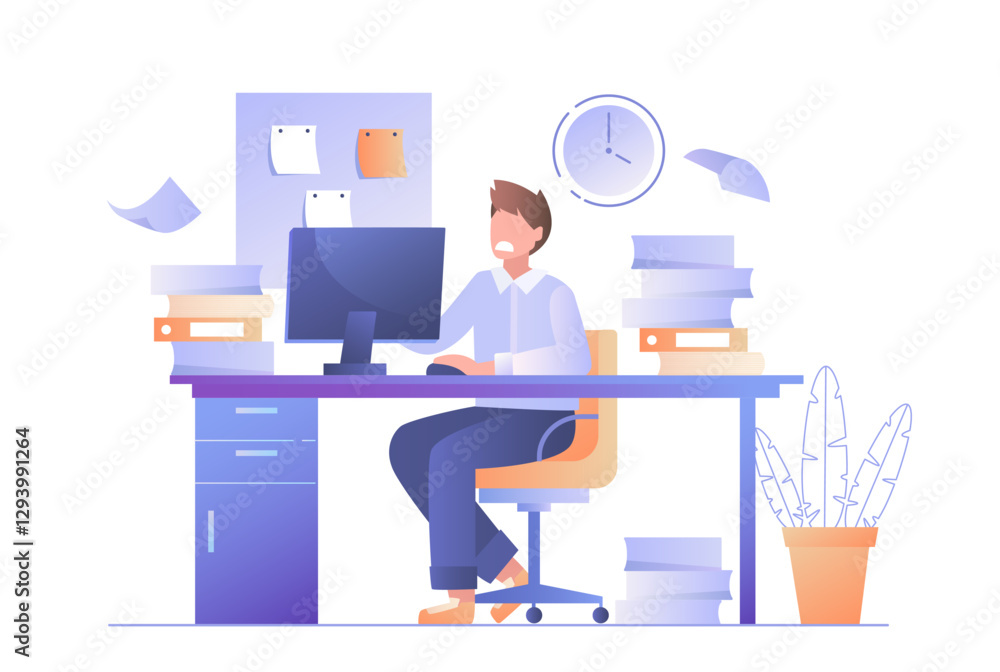 Poster man working at desk with computer, books, and clock. flat design style on white background. concept 