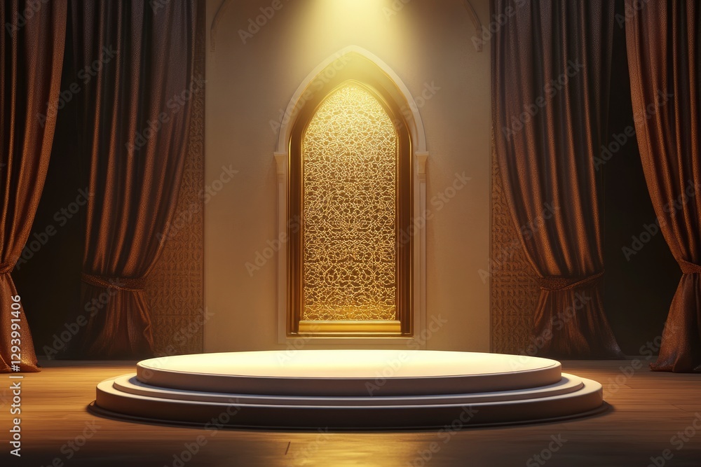 Poster simple podium with an islamic-style door in the background, illuminated by light and surrounded by c