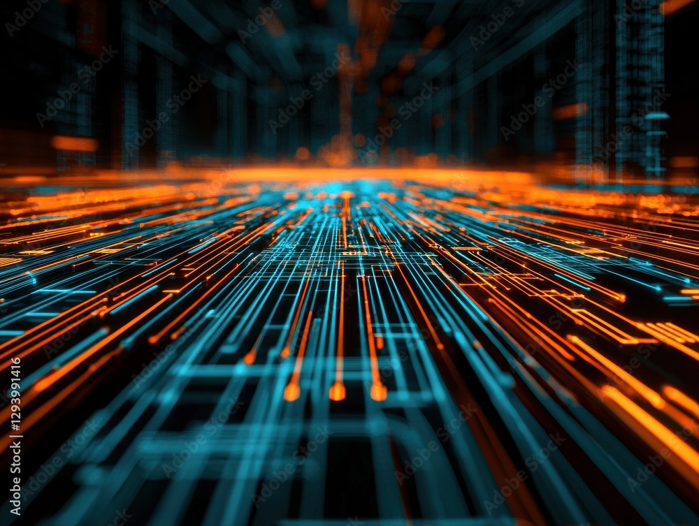 Poster a vibrant digital landscape with glowing orange and blue lines representing data flow and technology