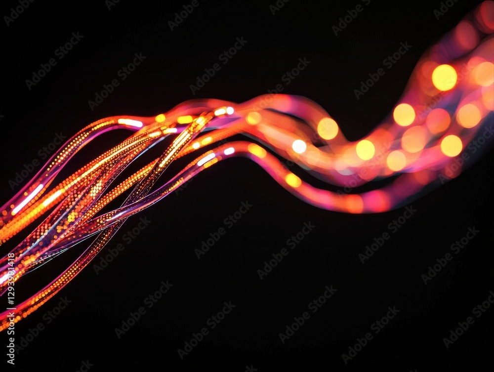 Poster a colorful, abstract image of illuminated wires, flowing elegantly against a dark background, showca