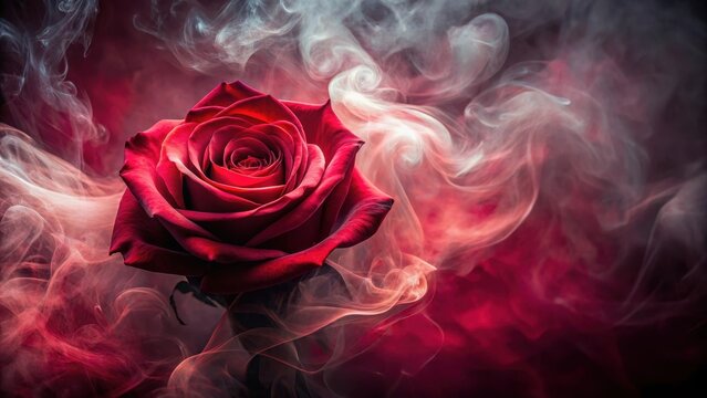 Elegant rose blooms amidst swirling red smoke against a dark, mysterious background, evoking a sense of luxury and mystique