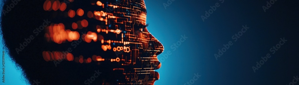 Poster a silhouette of a human face illuminated by vibrant, data-like patterns, representing the fusion of 