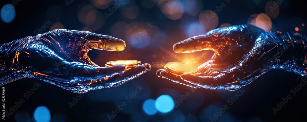Aufkleber two glowing hands reach toward each other, symbolizing connection and unity in a futuristic, digital