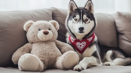 Husky Dog and Teddy Bear Resting on Couch Together