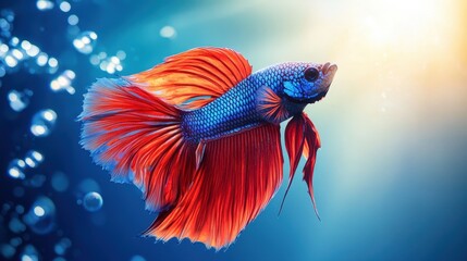 A striking Siamese fighting fish displays vivid reds and blues in a dynamic stance; head turned right, body leaning subtly left, radiating intense color and grace