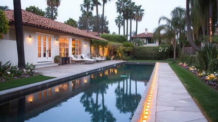 Obraz premium Tranquil evening scene of a backyard swimming pool illuminated by candlelight, surrounded by lush landscaping and a Spanish style house
