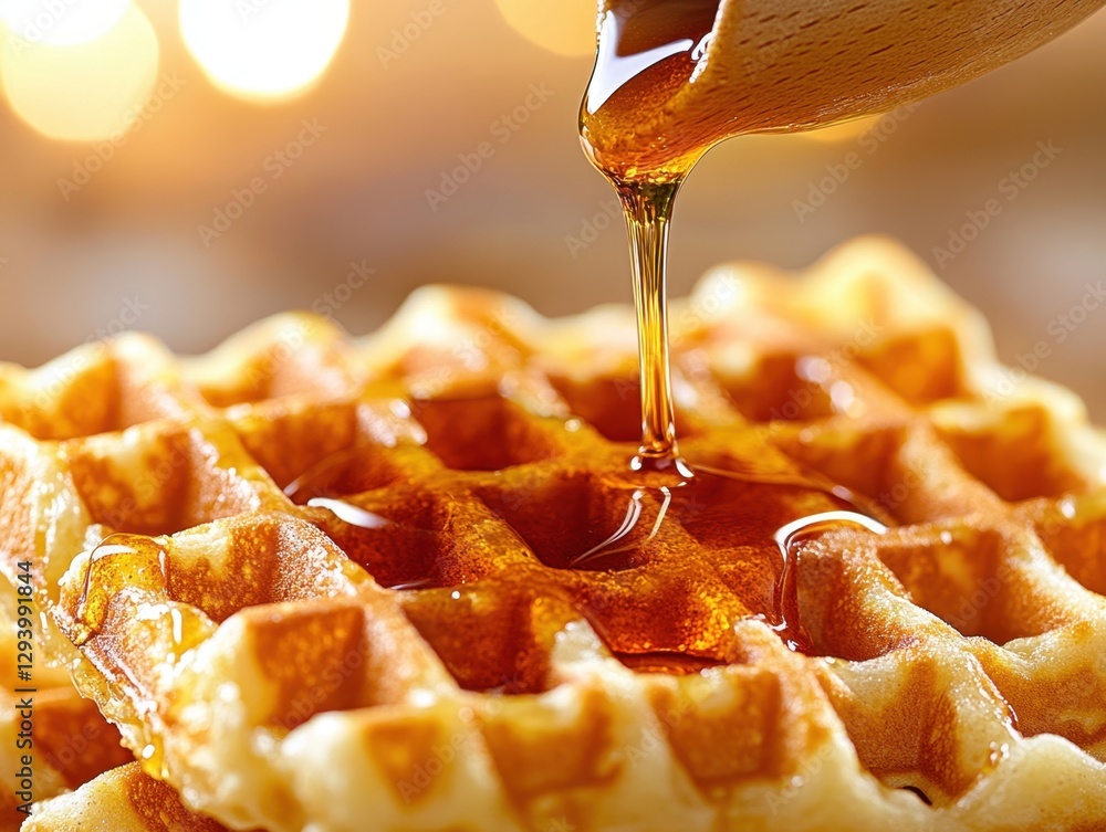 Poster golden maple syrup cascading over warm waffles in a close up shot creating a delicious breakfast sce
