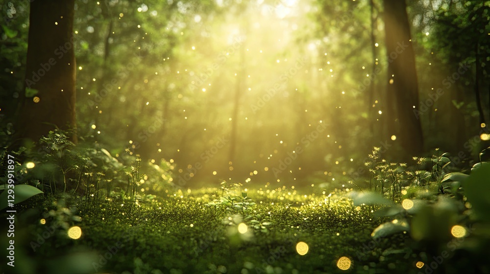 Poster deep forest-inspired blurred green hues with hints of golden light filtering through.