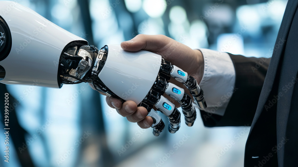 Poster robot and man handshake concept, vector illustration, artificial intelligence technology character m