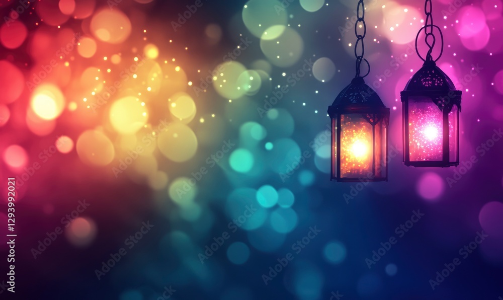 Poster colorful background with bokeh lights, featuring two hanging lanterns that cast warm light on the le