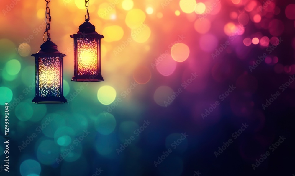 Aufkleber colorful background with bokeh lights, featuring two hanging lanterns that cast warm light on the le