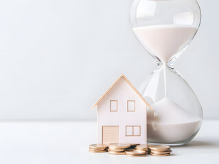 close up of hourglass with sand and coins beside miniature house symbolizes concept of time and money in real estate investment