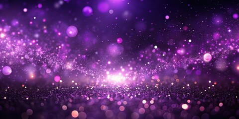 Sparkling purple particles suspended in mid-air against a dark stage background with a blurred effect creating a sense of movement and energy, glittering lights, purple sparkles