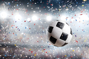 Fototapeta premium dramatic shot of soccer ball in stadium surrounded by colorful confetti, capturing excitement of celebration