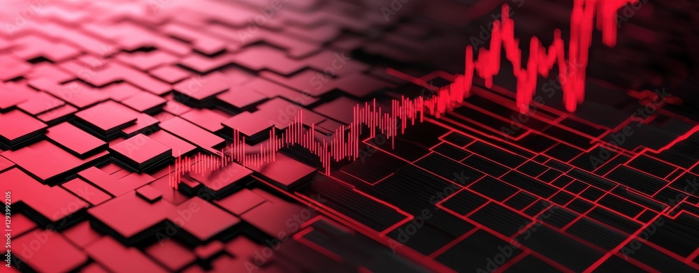 Poster a digital visualization of a fluctuating red graph overlaid on a textured black and red background, 