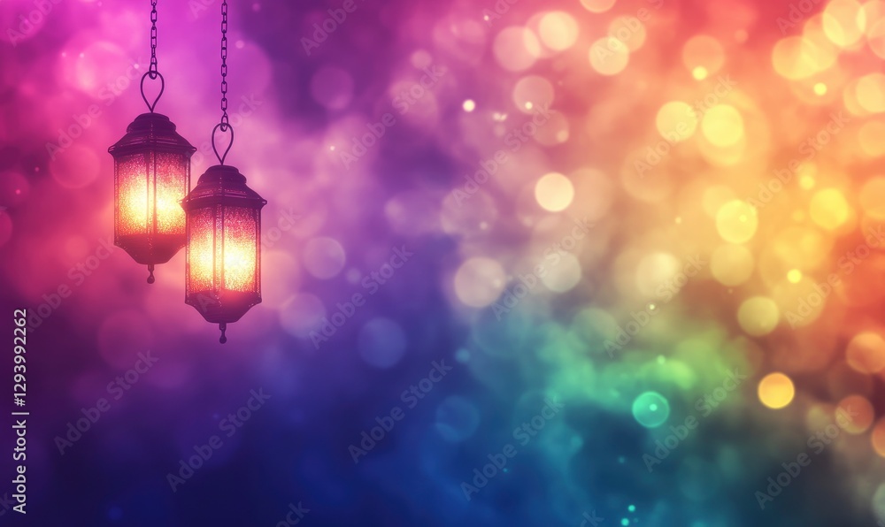 Aufkleber colorful background with bokeh lights, featuring two hanging lanterns that cast warm light on the le