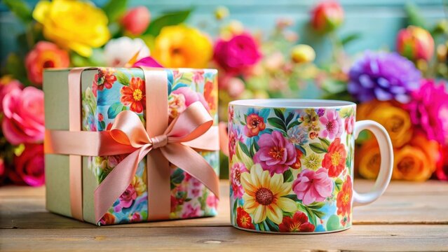 A colorful blank sublimation mug with a beautiful floral design on the front and a matching gift box in the background, complete with ribbons and bows, tableware, decorative items
