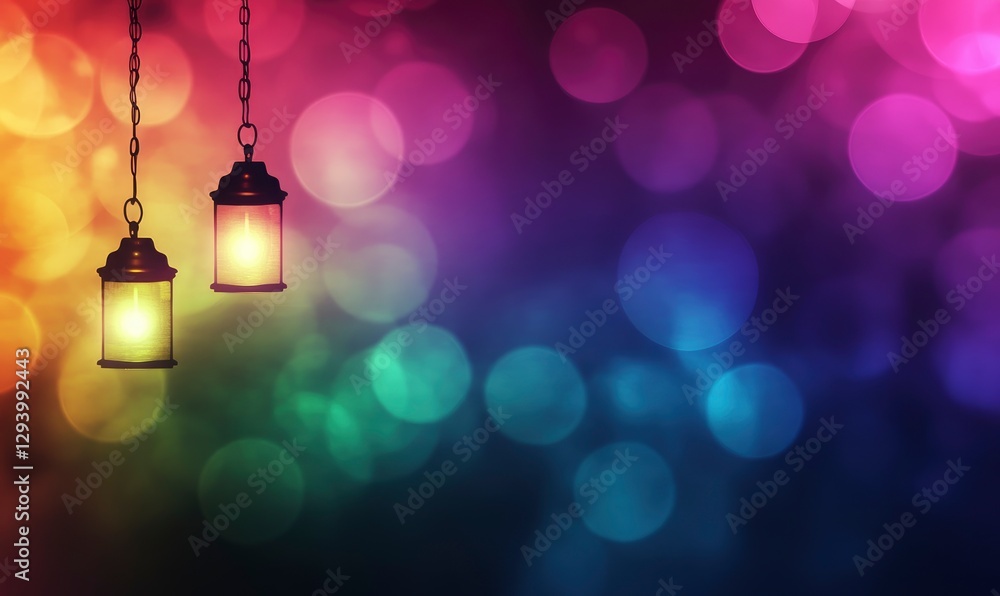 Aufkleber colorful background with bokeh lights, featuring two hanging lanterns that cast warm light on the le