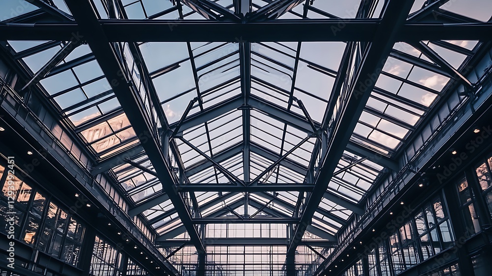 Poster viewing glass ceiling structure with light metal frame architecture inside