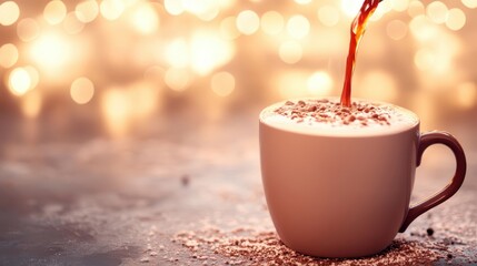 Warm Coffee Cup with Cream and Chocolate Sprinkles on Blurred Background