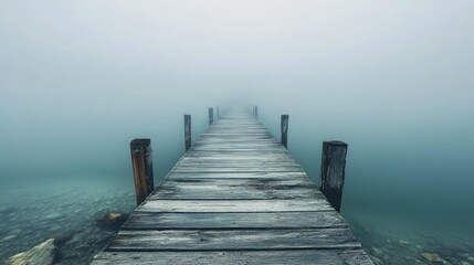 Fototapeta premium Gentle fog over an abandoned pier, creating a haunting yet serene view with soft gray tones and misty ambiance.