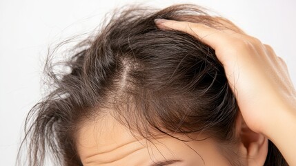 Fototapeta premium Cropped shot of a young woman with greasy and dirty hair on a white background, illustrating the common problem of oily scalp and itchy skin caused by prolonged lack of hair washing and hygiene