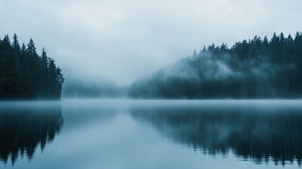 Obraz premium Misty fog blurring the outline of a lake, with subtle light reflections and a peaceful, serene vibe.
