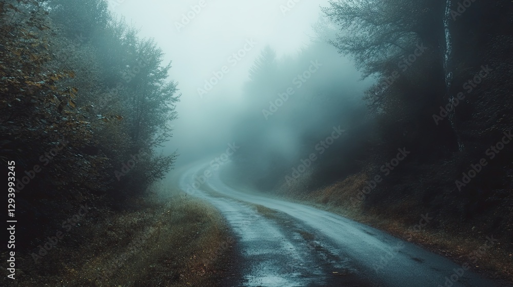 Poster misty fog hanging over a road through a dense forest, blurring the way forward into an ethereal worl
