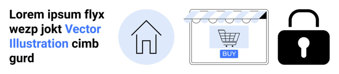 Home icon, e-commerce storefront with cart and buy button, and padlock for security. Ideal for online shopping, digital safety, website design, e-commerce, home-based business, consumer trust flat
