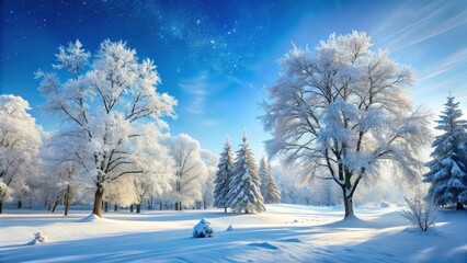 Obraz premium Snow-covered trees stand tall against a pale blue sky with frosty branches and snowflakes gently falling on the forest floor in a serene winter wonderland scene, tree, snowfall
