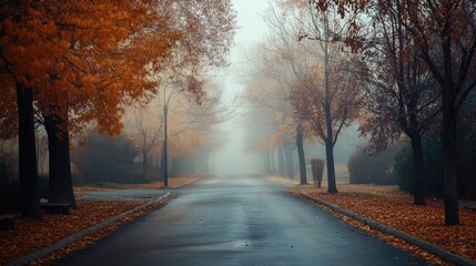 Obraz premium Misty fog covering a quiet street in the early morning, with soft shadows and muted colors.