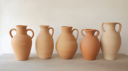 Five terracotta amphorae of varying sizes and shades of beige and brown, arranged in a row on a light wooden surface against a textured off white