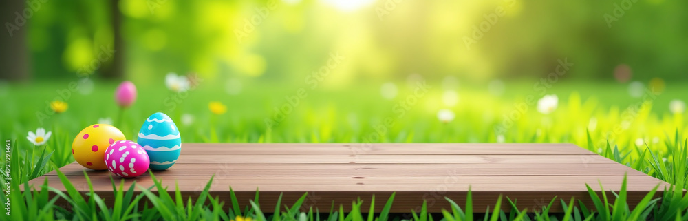 Poster empty wooden table set amidst a lush green meadow featuring colorful easter eggs in a springtime bac