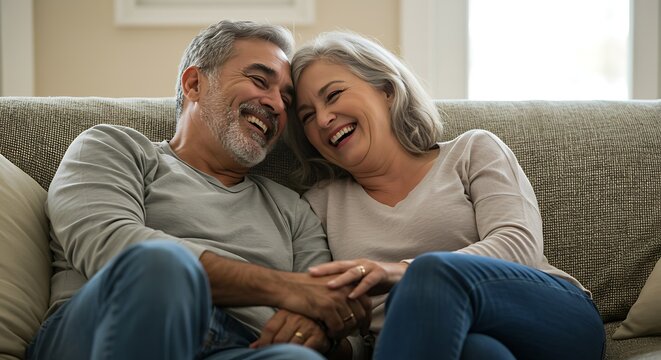Happy Mature Couple Laughing and Relaxing on Sofa at Home