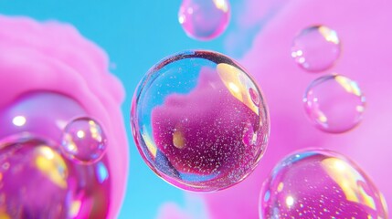 Abstract image of iridescent bubbles floating against a pastel pink and blue background. Glittering particles inside the bubbles. Dreamy, ethereal