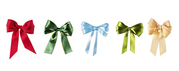 Set of multi coloured ribbon tied bows isolated on transparent background for design. Collection of  satin luxury ribbon bow elements for holiday packaging and decoration design.
