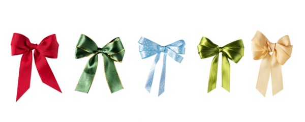 Set of multi coloured ribbon tied bows isolated on transparent background for design. Collection of  satin luxury ribbon bow elements for holiday packaging and decoration design.