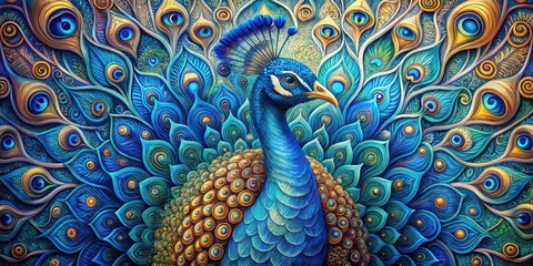 Intricate patterns and vibrant hues surround an abstract blue peacock, with swirling shapes and bold colors creating a mesmerizing visual effect, Blue Peacock Abstract, Whimsical Creatures