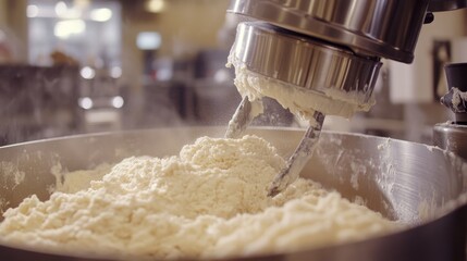 Close-up of a high-speed food mixer churning thick, creamy batter in a silver bowl.