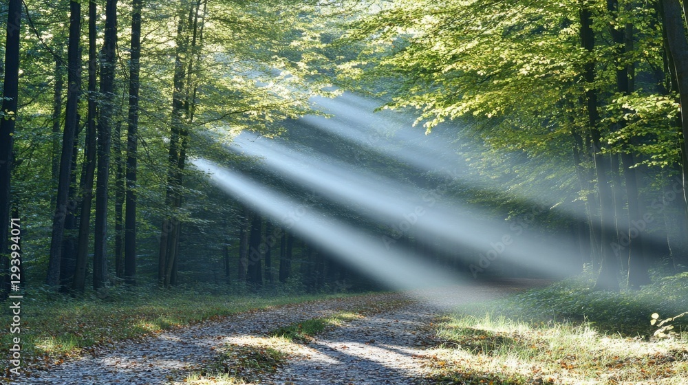 Poster sunbeams illuminate a forest path, dappled sunlight filters through lush green trees, creating a ser