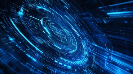 Futuristic technology digital holographic element with laser glow effect, arrow, callout border, and radar scanning in dark and light blue tones, symbolizing innovation and advanced data analysis