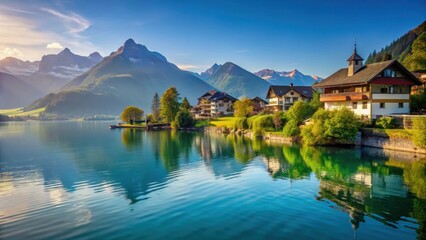 Fototapeta premium Serene lake scene with surrounding mountains and villas, Switzerland, mountains
