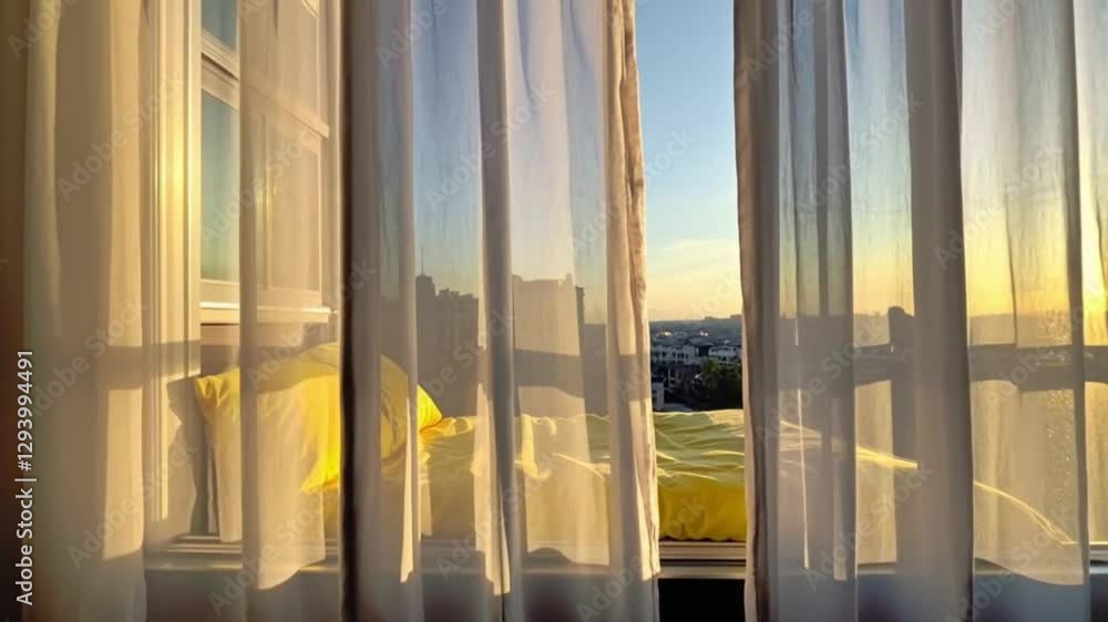 Poster capture the view through partially open sheer curtains framing a warm, golden-lit cityscape. the yel