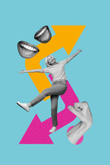 Art image vertical photo collage of happy old businesswoman dance arrow development hand show fist...