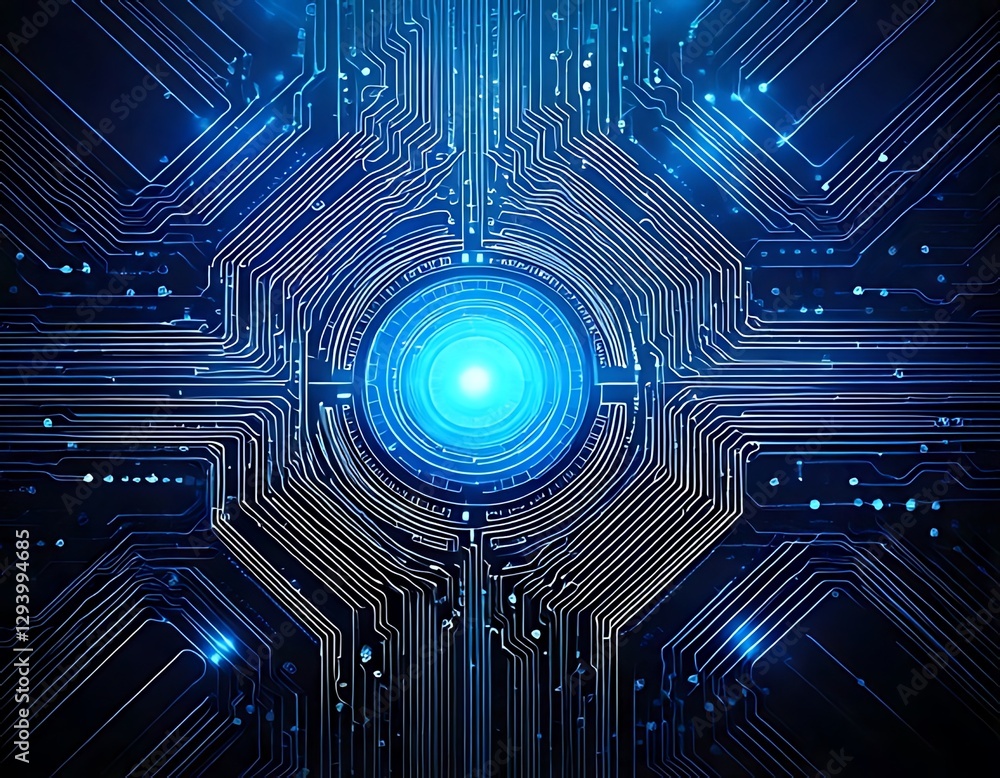 Poster symmetrical blue circuit board radiates with a central glowing circle pattern.