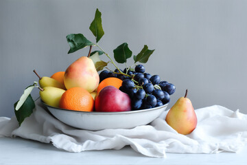 Still life with assorted fruit in a white bowl © heerim studio