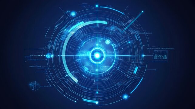 Futuristic technology digital holographic element with laser glow effect, arrow, callout border, and radar scanning in dark and light blue tones, symbolizing innovation and advanced data analysis