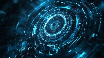 Futuristic technology digital holographic element with laser glow effect, arrow, callout border, and radar scanning in dark and light blue tones, symbolizing innovation and advanced data analysis