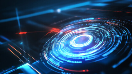 Futuristic technology digital holographic element with laser glow effect, arrow, callout border, and radar scanning in dark and light blue tones, symbolizing innovation and advanced data analysis