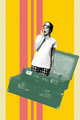 Exclusive image vertical photo collage of sleepy girl wear pajamas peek suitcase travel early morning awakening nap sleepover